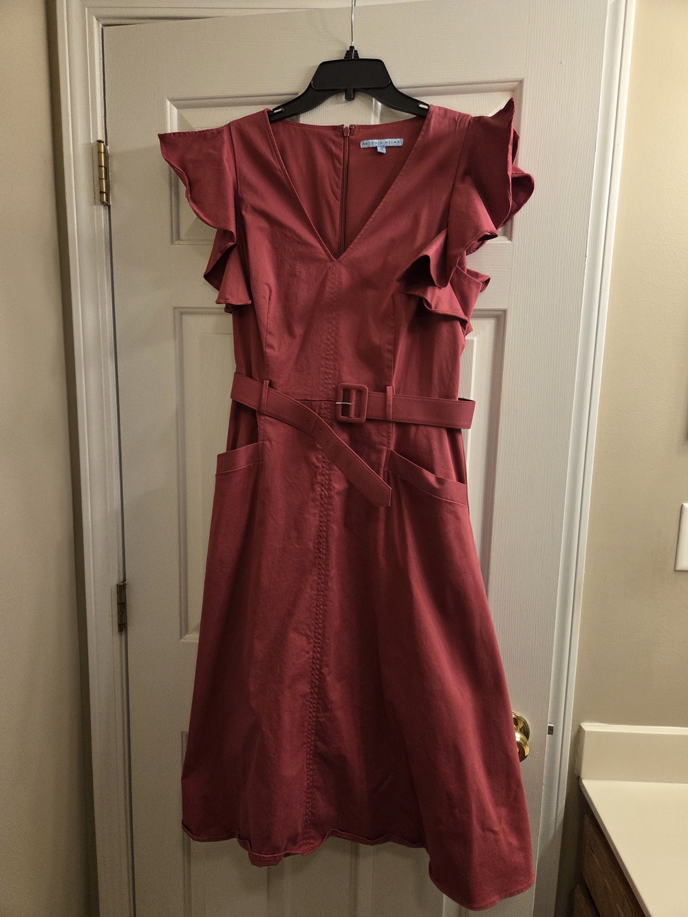 Antonio Melani Ruffle Sleeve Belted V-Neck Dress - Dusty Rose